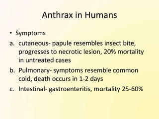 Anthrax in Humans
• Symptoms
a. cutaneous- papule resembles insect bite,
   progresses to necrotic lesion, 20% mortality
   in untreated cases
b. Pulmonary- symptoms resemble common
   cold, death occurs in 1-2 days
c. Intestinal- gastroenteritis, mortality 25-60%
 