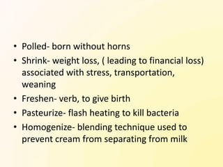 • Polled- born without horns
• Shrink- weight loss, ( leading to financial loss)
  associated with stress, transportation,
  weaning
• Freshen- verb, to give birth
• Pasteurize- flash heating to kill bacteria
• Homogenize- blending technique used to
  prevent cream from separating from milk
 