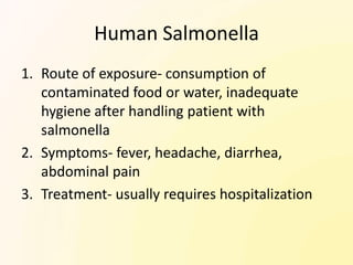 Human Salmonella
1. Route of exposure- consumption of
   contaminated food or water, inadequate
   hygiene after handling patient with
   salmonella
2. Symptoms- fever, headache, diarrhea,
   abdominal pain
3. Treatment- usually requires hospitalization
 