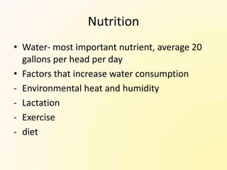 Nutrition
• Water- most important nutrient, average 20
  gallons per head per day
• Factors that increase water consumption
- Environmental heat and humidity
- Lactation
- Exercise
- diet
 