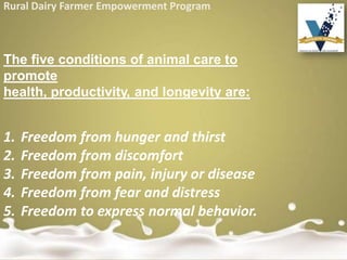 Rural Dairy Farmer Empowerment Program
The five conditions of animal care to
promote
health, productivity, and longevity are:
1. Freedom from hunger and thirst
2. Freedom from discomfort
3. Freedom from pain, injury or disease
4. Freedom from fear and distress
5. Freedom to express normal behavior.
 