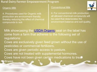 Rural Dairy Farmer Empowerment Program
Organic Milk
4. Procedures used for Organic milk
production are environment friendly
thereby reducing the effect of chemical
compounds to soil.
Conventional Milk
4. For conventional milk production
all allowed chemical compounds will
be used that deteriorates the
environment balance and soil quality.
Milk showcasing the USDA Organic seal on the label has
come from a farm that adheres to the following set of
regulations:
Cows are exclusively given feed grown without the use of
pesticides or commercial fertilizers.
Cows are given periodic access to pasture.
Cows are not treated with supplemental hormones.
Cows have not been given certain medications to treat
illness.
 