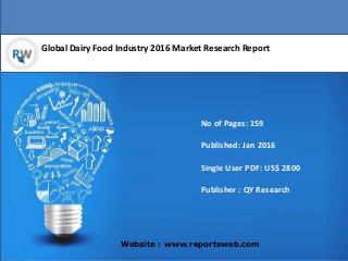 Global Dairy Food Industry 2016 Market Research Report
Website : www.reportsweb.com
No of Pages: 159
Published: Jan 2016
Single User PDF: US$ 2800
Publisher : QY Research
 