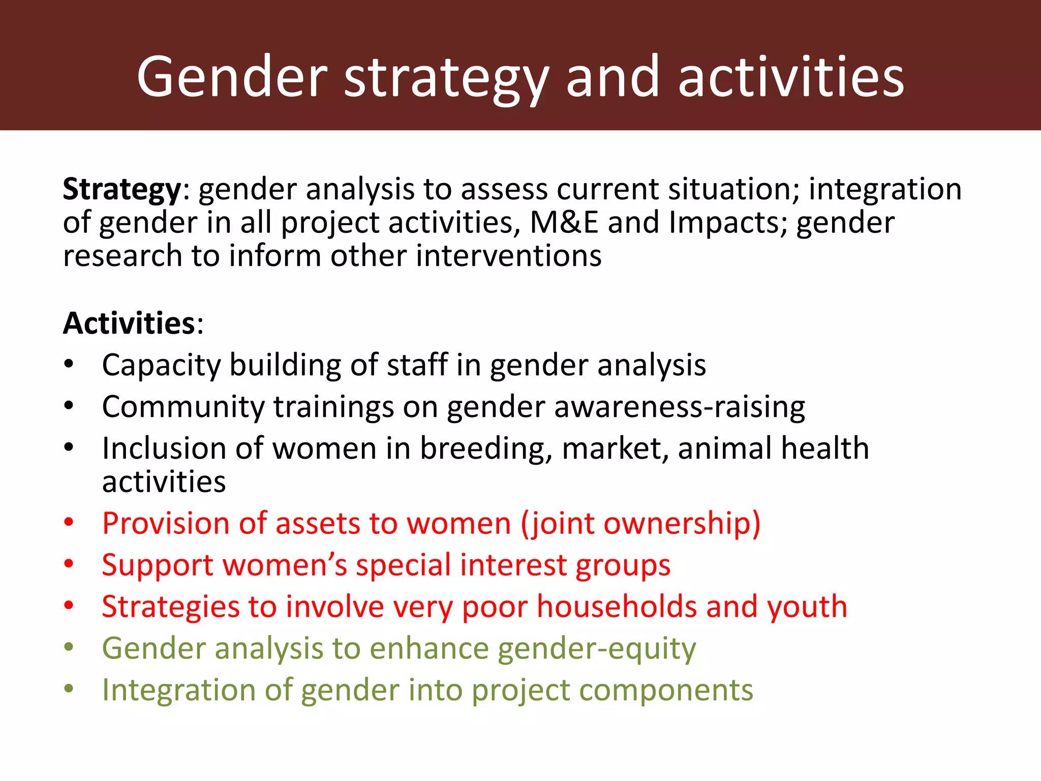 Gender strategy and activities
Strategy: gender analysis to assess current situation; integration
of gender in all project activities, M&E and Impacts; gender
research to inform other interventions
Activities:
• Capacity building of staff in gender analysis
• Community trainings on gender awareness-raising
• Inclusion of women in breeding, market, animal health
activities
• Provision of assets to women (joint ownership)
• Support women’s special interest groups
• Strategies to involve very poor households and youth
• Gender analysis to enhance gender-equity
• Integration of gender into project components
 