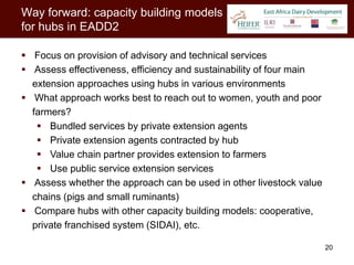 Way forward: capacity building models
for hubs in EADD2

 Focus on provision of advisory and technical services
 Assess effectiveness, efficiency and sustainability of four main
  extension approaches using hubs in various environments
 What approach works best to reach out to women, youth and poor
  farmers?
    Bundled services by private extension agents
    Private extension agents contracted by hub
    Value chain partner provides extension to farmers
    Use public service extension services
 Assess whether the approach can be used in other livestock value
  chains (pigs and small ruminants)
 Compare hubs with other capacity building models: cooperative,
  private franchised system (SIDAI), etc.

                                                                     20
 