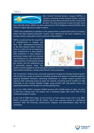Table 2
                                       New Zealand Farming Systems Uruguay (NZFSU), a
                                       company consisting of New Zealand capital, currently
                                       operates 31 dairy farms and plans to have a total of 49
                                       by 2012. The total investment to date has been more
than USD 200 million. NZFSU has been sponsored by PGG Wrightson Limited (PGGW), New
Zealand’s largest agriculture supply company.

“NZFSU was established to capitalize on the opportunities to acquire dairy farms in Uruguay,
where the New Zealand production system, once adapted to the local conditions, can
produce results comparable to those achieved in New Zealand.”

NZFSU considered that the acquisition
of establishments in Uruguay and
their later development/conversion
to the New Zealand system could be
done at a third of cost of acquiring a
dairy establishment in New Zealand.
Milk production in New Zealand is
performed mainly with the intensive
use of pastures (i.e., the production of
large quantities of high quality forage
per hectare and the widespread use
of genetically superior cows). This
system could be applied on lands with great potential and low cost that, in accordance with
New Zealand standards, is being underutilized in dairy production.

The “conversion” of dairy farms and lands acquired in Uruguay for the New Zealand system
will be done by a series of measures including: seeding new species of improved pastures,
applying phosphate fertilizers, optimizing subdivisions to monitor pasture growth and
improve yield, improving access to water for animals, increasing animal numbers to take
advantage of the increase available forage, using animals with high genetic value and
applying phosphates and nitrogen to maintain grazing areas.

As of June 2009, NZFSU operated 36,000 hectares with 53,000 heads of cattle, of which
11,300 were milking cows. The project was in advanced stages with nearly 70% of the
investment program in place.

At the end of 2008 work began on the issuance of local market bonds and in July 2009,
NZFSU successfully placed USD 30 million, which was acquired mainly by institutional
investors. With this financing, infrastructure, irrigation and electrification tasks will be
completed.




19
 