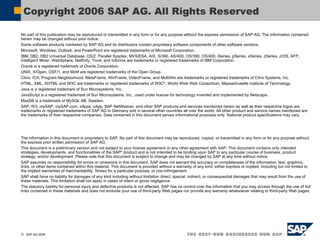 No part of this publication may be reproduced or transmitted in any form or for any purpose without the express permission of SAP AG. The information contained herein may be changed without prior notice. Some software products marketed by SAP AG and its distributors contain proprietary software components of other software vendors. Microsoft, Windows, Outlook, and PowerPoint are registered trademarks of Microsoft Corporation.  IBM, DB2, DB2 Universal Database, OS/2, Parallel Sysplex, MVS/ESA, AIX, S/390, AS/400, OS/390, OS/400, iSeries, pSeries, xSeries, zSeries, z/OS, AFP, Intelligent Miner, WebSphere, Netfinity, Tivoli, and Informix are trademarks or registered trademarks of IBM Corporation. Oracle is a registered trademark of Oracle Corporation. UNIX, X/Open, OSF/1, and Motif are registered trademarks of the Open Group. Citrix, ICA, Program Neighborhood, MetaFrame, WinFrame, VideoFrame, and MultiWin are trademarks or registered trademarks of Citrix Systems, Inc. HTML, XML, XHTML and W3C are trademarks or registered trademarks of W3C ® , World Wide Web Consortium, Massachusetts Institute of Technology.  Java is a registered trademark of Sun Microsystems, Inc. JavaScript is a registered trademark of Sun Microsystems, Inc., used under license for technology invented and implemented by Netscape.  MaxDB is a trademark of MySQL AB, Sweden. SAP, R/3, mySAP, mySAP.com, xApps, xApp, SAP NetWeaver, and other SAP products and services mentioned herein as well as their respective logos are trademarks or registered trademarks of SAP AG in Germany and in several other countries all over the world. All other product and service names mentioned are the trademarks of their respective companies. Data contained in this document serves informational purposes only. National product specifications may vary. The information in this document is proprietary to SAP. No part of this document may be reproduced, copied, or transmitted in any form or for any purpose without the express prior written permission of SAP AG. This document is a preliminary version and not subject to your license agreement or any other agreement with SAP. This document contains only intended strategies, developments, and functionalities of the SAP ®  product and is not intended to be binding upon SAP to any particular course of business, product strategy, and/or development. Please note that this document is subject to change and may be changed by SAP at any time without notice. SAP assumes no responsibility for errors or omissions in this document. SAP does not warrant the accuracy or completeness of the information, text, graphics, links, or other items contained within this material. This document is provided without a warranty of any kind, either express or implied, including but not limited to the implied warranties of merchantability, fitness for a particular purpose, or non-infringement. SAP shall have no liability for damages of any kind including without limitation direct, special, indirect, or consequential damages that may result from the use of these materials. This limitation shall not apply in cases of intent or gross negligence. The statutory liability for personal injury and defective products is not affected. SAP has no control over the information that you may access through the use of hot links contained in these materials and does not endorse your use of third-party Web pages nor provide any warranty whatsoever relating to third-party Web pages. Copyright 2006 SAP AG. All Rights Reserved 