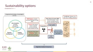 26
Sustainability options
Core innovations
Breeding
Herd health
Feed &forage
Capacity
development
Enabling
environment
Integratedtechnologies,knowledge &
services
R4D Programs promote
innovation packages through
DFAs
Systems that support
access to inputs &
services (including
DFA/extension service)
Innovative Value Chain
Financing – farm
operational capital &
input/service providers
AI/AH
Technician
Input suppliers
Cooperatives
Smallholder farmers own
less than 3 milking animals
Dairy Farmer Assistant (DFA)
A shared manager - trains
farmers/manages herds &
catalyze technology demand
Services, data,
information
Digitally Enabled Enterprises
 