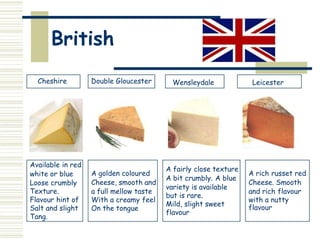 British
Cheshire Double Gloucester Wensleydale Leicester
Available in red
white or blue
Loose crumbly
Texture.
Flavour hint of
Salt and slight
Tang.
A fairly close texture
A bit crumbly. A blue
variety is available
but is rare.
Mild, slight sweet
flavour
A golden coloured
Cheese, smooth and
a full mellow taste
With a creamy feel
On the tongue
A rich russet red
Cheese. Smooth
and rich flavour
with a nutty
flavour
 