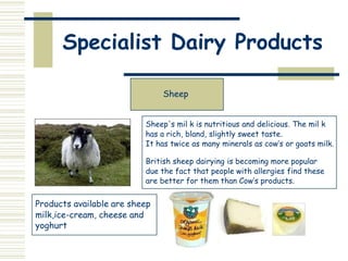 Specialist Dairy Products
Sheep
Sheep's mil k is nutritious and delicious. The mil k
has a rich, bland, slightly sweet taste.
It has twice as many minerals as cow’s or goats milk.
British sheep dairying is becoming more popular
due the fact that people with allergies find these
are better for them than Cow’s products.
Products available are sheep
milk,ice-cream, cheese and
yoghurt
 