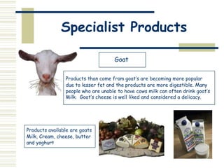 Specialist Products
Goat
Products than come from goat’s are becoming more popular
due to lesser fat and the products are more digestible. Many
people who are unable to have cows milk can often drink goat’s
Milk. Goat’s cheese is well liked and considered a delicacy.
Products available are goats
Milk, Cream, cheese, butter
and yoghurt
 