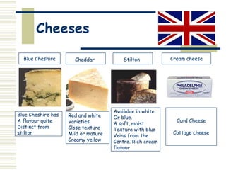 Cheeses
Blue Cheshire

Blue Cheshire has
A flavour quite
Distinct from
stilton

Cheddar

Red and white
Varieties.
Close texture
Mild or mature
Creamy yellow

Stilton

Available in white
Or blue.
A soft, moist
Texture with blue
Veins from the
Centre. Rich cream
flavour

Cream cheese

Curd Cheese

Cottage cheese

 