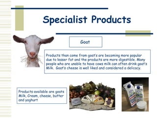 Specialist Products
Goat
Products than come from goat’s are becoming more popular
due to lesser fat and the products are more digestible. Many
people who are unable to have cows milk can often drink goat’s
Milk. Goat’s cheese is well liked and considered a delicacy.

Products available are goats
Milk, Cream, cheese, butter
and yoghurt

 