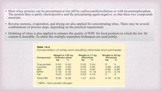 • Most whey proteins can be precipitated at low pH by carboxymethylcellulose or with hexametaphosphate.
The protein then is partly electropositive and the precipitating agent negative, so that these two compounds
associate.
• Reverse osmosis, evaporation, and drying are also applied for concentrating whey. There may be several
combinations of process steps, depending on the practical requirement.
• Defatting of whey is also applied to enhance the quality of WPC for food products in which the low fat
content is desirable. To attain this multiple separation techniques are used jointly.
 