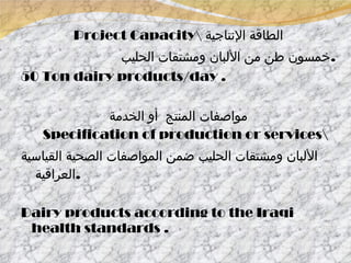 Project Capacity\  الطاقة الإنتاجية خمسون طن من الألبان ومشتقات الحليب  . 50 Ton dairy products/day . مواصفات المنتج  أو الخدمة   Specification of production or services\ الألبان ومشتقات الحليب ضمن المواصفات الصحية القياسية العراقية  . Dairy products according to the Iraqi health standards . 