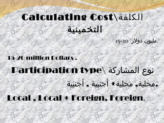 Calculating Cost\ الكلفة التخمينية 15-20  مليون دولار  . 15-20   million Dollars . Participation type\  نوع المشاركة محلية ,  محلية +  أجنبية  ,  أجنبية  . Local , Local + Foreign, Foreign . 