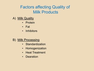 Factors affecting Quality of
Milk Products
A) Milk Quality
• Protein
• Fat
• Inhibitors
B) Milk Processing
• Standardization
• Homogenization
• Heat Treatment
• Dearation
 