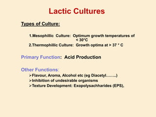 Lactic Cultures
Types of Culture:
1.Mesophillic Culture: Optimum growth temperatures of
< 30°C
2.Thermophillic Culture: Growth optima at > 37 ° C
Primary Function: Acid Production
Primary Function: Acid Production
Other Functions:
Flavour, Aroma, Alcohol etc (eg Diacetyl……..)
Inhibition of undesirable organisms
Texture Development: Exopolysachharides (EPS),
 