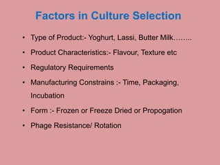 Factors in Culture Selection
• Type of Product:- Yoghurt, Lassi, Butter Milk……..
• Product Characteristics:- Flavour, Texture etc
• Regulatory Requirements
• Manufacturing Constrains :- Time, Packaging,
• Manufacturing Constrains :- Time, Packaging,
Incubation
• Form :- Frozen or Freeze Dried or Propogation
• Phage Resistance/ Rotation
 