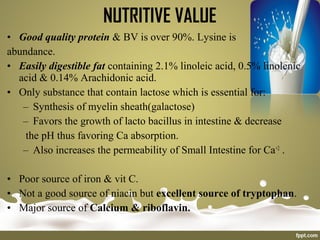 • Good quality protein & BV is over 90%. Lysine is
abundance.
• Easily digestible fat containing 2.1% linoleic acid, 0.5% linolenic
acid & 0.14% Arachidonic acid.
• Only substance that contain lactose which is essential for:
– Synthesis of myelin sheath(galactose)
– Favors the growth of lacto bacillus in intestine & decrease
the pH thus favoring Ca absorption.
– Also increases the permeability of Small Intestine for Ca+2
.
• Poor source of iron & vit C.
• Not a good source of niacin but excellent source of tryptophan.
• Major source of Calcium & riboflavin.
NUTRITIVE VALUE
 
