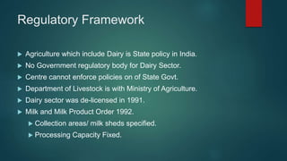 Regulatory Framework
 Agriculture which include Dairy is State policy in India.
 No Government regulatory body for Dairy Sector.
 Centre cannot enforce policies on of State Govt.
 Department of Livestock is with Ministry of Agriculture.
 Dairy sector was de-licensed in 1991.
 Milk and Milk Product Order 1992.
 Collection areas/ milk sheds specified.
 Processing Capacity Fixed.
 