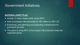 Government Initiatives
NATIONAL DAIRY PLAN
 Include 14 major states (witch cover 90%).
 Aims to increase milk production to 180 million by 2021-22.
 Enhancing, strengthening and expanding infrastructure for
production process.
 This plans to bring 65% of the surplus milk produced under the
organised sector.
 