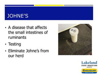 JOHNE’S
• A disease that affects
the small intestines of
ruminants
• Testing
• Eliminate Johne’s from
our herd
 