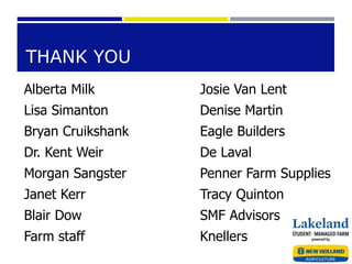 THANK YOU
Alberta Milk Josie Van Lent
Lisa Simanton Denise Martin
Bryan Cruikshank Eagle Builders
Dr. Kent Weir De Laval
Morgan Sangster Penner Farm Supplies
Janet Kerr Tracy Quinton
Blair Dow SMF Advisors
Farm staff Knellers
 