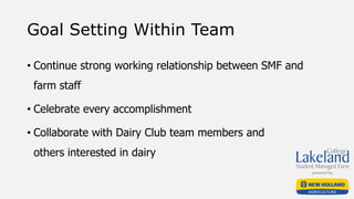 Goal Setting Within Team
• Continue strong working relationship between SMF and
farm staff
• Celebrate every accomplishment
• Collaborate with Dairy Club team members and
others interested in dairy
 