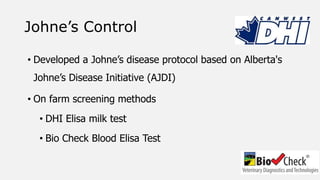 Johne’s Control
• Developed a Johne’s disease protocol based on Alberta's
Johne’s Disease Initiative (AJDI)
• On farm screening methods
• DHI Elisa milk test
• Bio Check Blood Elisa Test
 