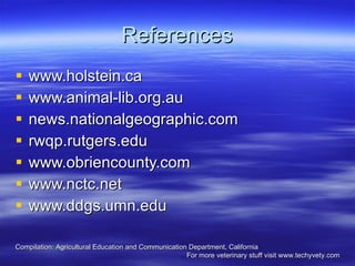 References www.holstein.ca  www.animal-lib.org.au  news.nationalgeographic.com  rwqp.rutgers.edu  www.obriencounty.com  www.nctc.net  www.ddgs.umn.edu  Compilation: Agricultural Education and Communication Department, California  For more veterinary stuff visit www.techyvety.com 