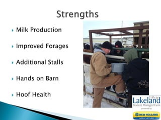  Milk Production
 Improved Forages
 Additional Stalls
 Hands on Barn
 Hoof Health
 