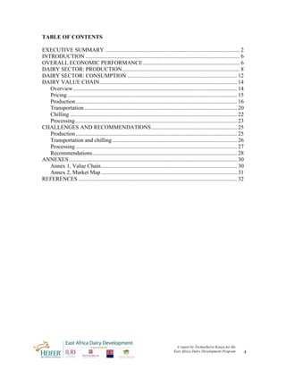 TABLE OF CONTENTS

EXECUTIVE SUMMARY ................................................................................................ 2 
INTRODUCTION .............................................................................................................. 6 
OVERALL ECONOMIC PERFORMANCE ..................................................................... 6 
DAIRY SECTOR: PRODUCTION.................................................................................... 8 
DAIRY SECTOR: CONSUMPTION .............................................................................. 12 
DAIRY VALUE CHAIN.................................................................................................. 14 
   Overview..................................................................................................................... 14 
   Pricing ......................................................................................................................... 15 
   Production ................................................................................................................... 16 
   Transportation ............................................................................................................. 20 
   Chilling ....................................................................................................................... 22 
   Processing ................................................................................................................... 23 
CHALLENGES AND RECOMMENDATIONS ............................................................. 25 
   Production ................................................................................................................... 25 
   Transportation and chilling ......................................................................................... 26 
   Processing ................................................................................................................... 27 
   Recommendations....................................................................................................... 28 
ANNEXES........................................................................................................................ 30 
   Annex 1, Value Chain................................................................................................. 30 
   Annex 2, Market Map ................................................................................................. 31 
REFERENCES ................................................................................................................. 32 




                                                                                         A report by TechnoServe Kenya for the
                                                                                        East Africa Dairy Development Program          4
 