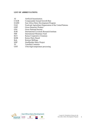 LIST OF ABBREVIATIONS


AI        Artificial Insemination
CAGR      Compounded Annual Growth Rate
EADD      East Africa Dairy Development Program
FAO       Food and Agriculture Organization of the United Nations
GDP       Gross Domestic Product
GNI       Gross National Income
ILRI      International Livestock Research Institute
IMF       International Monetary Fund
KCC       Kenya Cooperative Creamery
KDB       Kenya Dairy Board
Ksh.      Kenyan Shillings
SDP       Smallholder Dairy Project
TC        TetraPak Container
UHT       Ultra-high temperature processing




                                                    A report by TechnoServe Kenya for the
                                                   East Africa Dairy Development Program    5
 