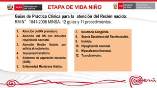 ETAPA DE VIDA NIÑO
1. Atención del RN prematuro.
2. Atención del RN con dificultad
respiratoria neonatal.
3. Atención Recién Nacido con
asfixia al nacimiento.
4. Taquipnea transitoria.
5. Síndrome de aspiración meconial
(SAM).
6. Enfermedad Membrana Hialina.
7. Neumonía Congénita.
8. Sepsis Bacteriana del Recién nacido.
9. Ictericia.
10. Hipoglicemia neonatal.
11. Hipocalcemia Neonatal.
12. Toxoplasmosis.
Guías de Práctica Clínica para la atención del Recién nacido:
RM N°1041-2006 MINSA. 12 guías y 11 procedimientos.
 
