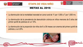  La disminución de la mortalidad neonatal en zona rural de 11 por 1,000 a 7 por 1,000 rnv.
 La disminución de la prevalencia de desnutrición crónica en niños menores de 5 años del
primer quintil de pobreza en un 10%.
 La disminución de la proporción de niños de 6 a 36 meses con anemia del primer quintil de
pobreza, a un 20%.
ETAPA DE VIDA NIÑO
METAS AL 2016
 