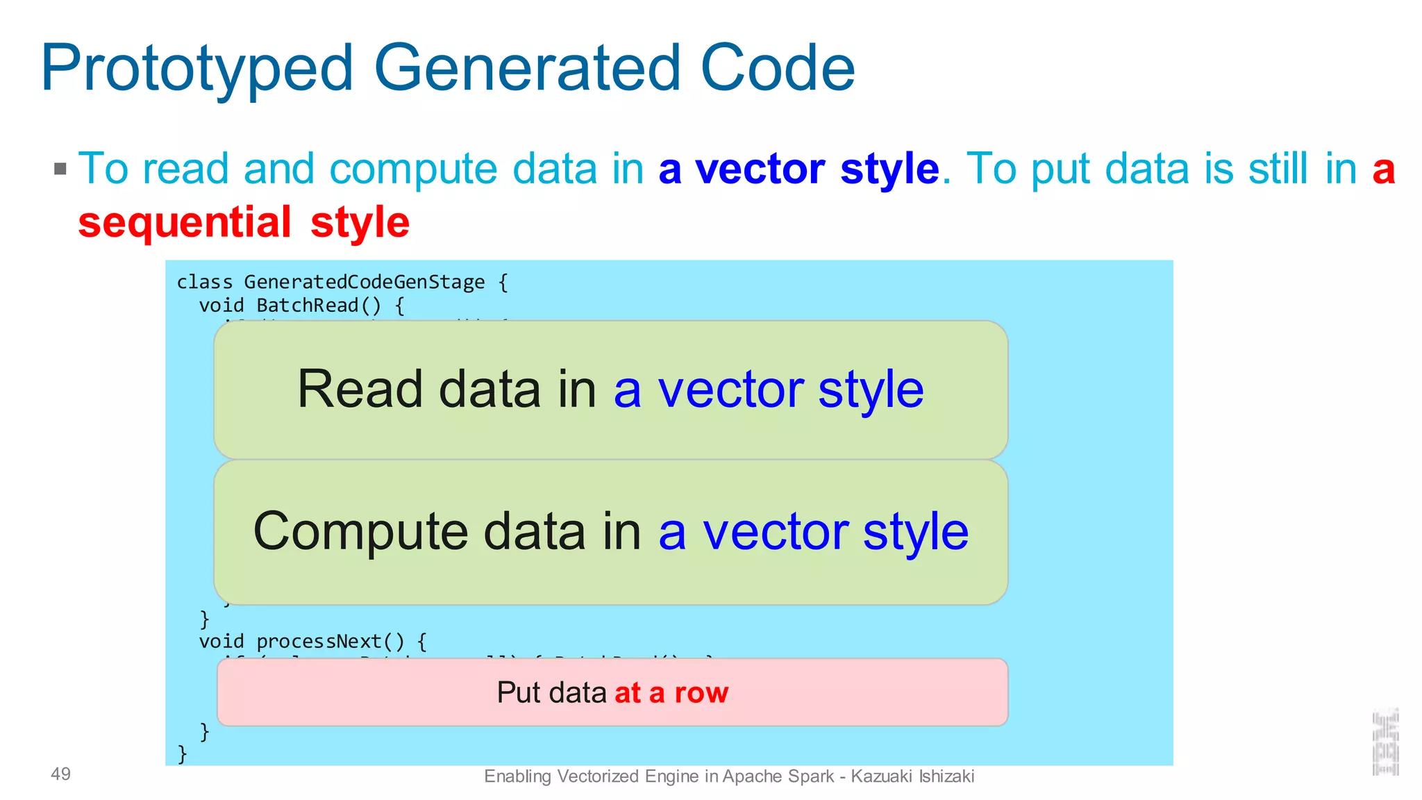Prototyped Generated Code
▪ To read and compute data in a vector style. To put data is still in a
sequential style
49 Enabling Vectorized Engine in Apache Spark - Kazuaki Ishizaki
class GeneratedCodeGenStage {
void BatchRead() {
if (iterator.hasNext()) {
columnarBatch = iterator.next();
batchIdx = 0;
ColumnVector colA = columnarBatch.column(0);
ColumnVector colB = columnarBatch.column(1);
float va[] = colA.getFloats(), vb[] = colB.getFloats();
// compute date using Vector API
for (int i = 0; i < columnarBatch.size(); i += SPECIES.length()) {
FloatVector va = FloatVector.fromArray(SPECIES, va, i);
v0.intoArray(cola, i);
v1.intoArray(colb, i);
}
}
}
void processNext() {
if (columnarBatch == null) { BatchRead(); }
appendRow(Row(cola[batchIdx], colb[batchIdx]));
batchIdx++;
}
}
Read data in a vector style
Compute data in a vector style
Put data at a row
 