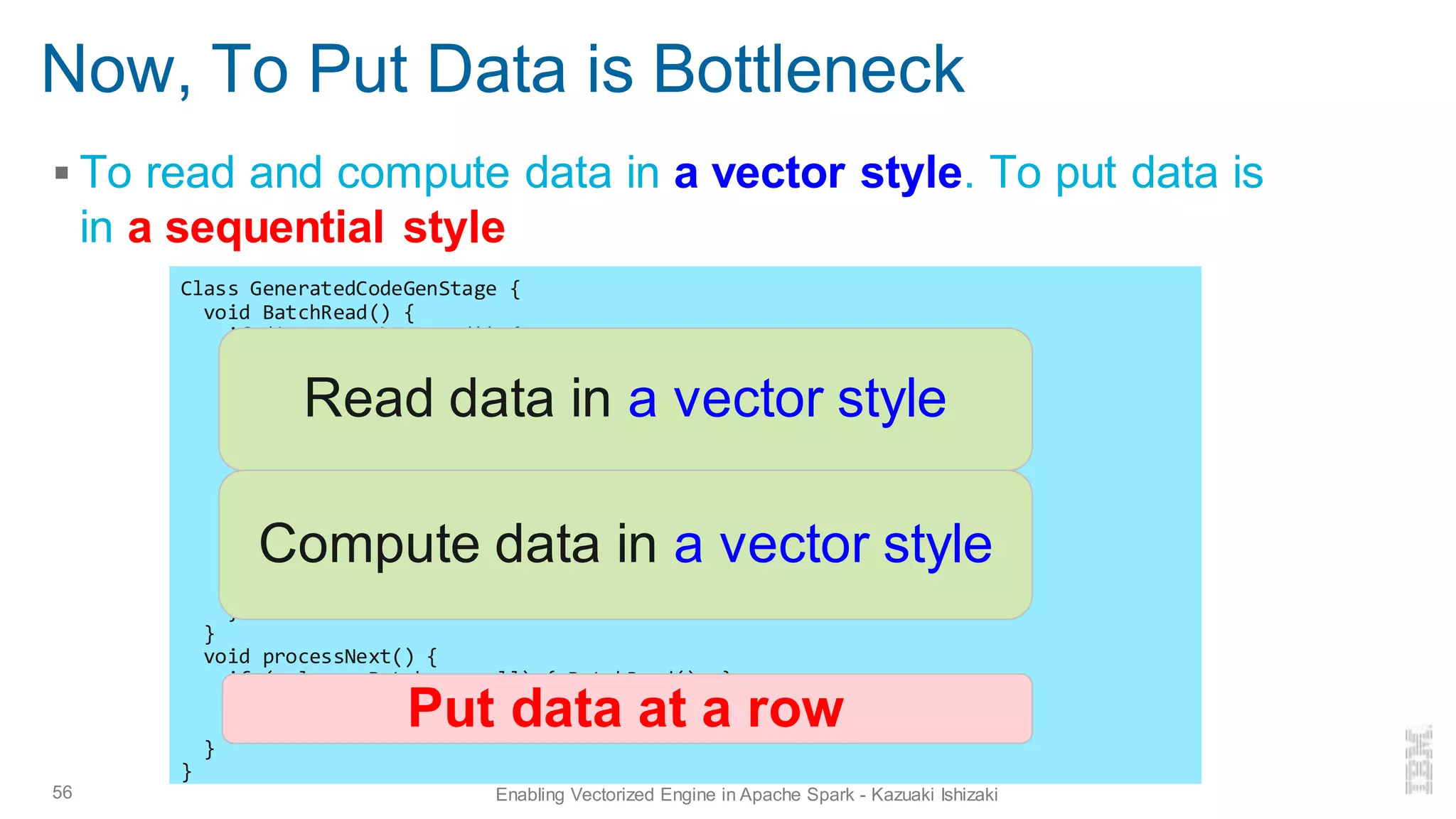 Now, To Put Data is Bottleneck
▪ To read and compute data in a vector style. To put data is
in a sequential style
56 Enabling Vectorized Engine in Apache Spark - Kazuaki Ishizaki
Class GeneratedCodeGenStage {
void BatchRead() {
if (iterator.hasNext()) {
columnarBatch = iterator.next();
batchIdx = 0;
ColumnVector colA = columnarBatch.column(0);
ColumnVector colB = columnarBatch.column(1);
float va[] = colA.getFloats(), vb[] = colB.getFloats();
// compute date using Vector API
for (int i = 0; i < columnarBatch.size(); i += SPECIES.length()) {
FloatVector va = FloatVector.fromArray(SPECIES, va, i);
v0.intoArray(cola, i);
v1.intoArray(colb, i);
}
}
}
void processNext() {
if (columnarBatch == null) { BatchRead(); }
appendRow(Row(cola[batchIdx], colb[batchIdx]));
batchIdx++;
}
}
Read data in a vector style
Compute data in a vector style
Put data at a row
 