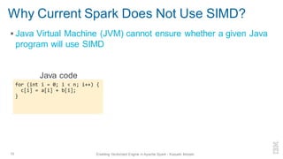 Why Current Spark Does Not Use SIMD?
▪ Java Virtual Machine (JVM) cannot ensure whether a given Java
program will use SIMD
10 Enabling Vectorized Engine in Apache Spark - Kazuaki Ishizaki
for (int i = 0; i < n; i++) {
c[i] = a[i] + b[i];
}
Java code
 