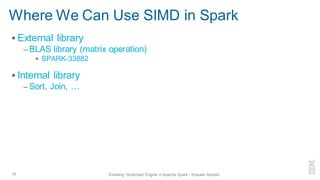 Where We Can Use SIMD in Spark
▪ External library
– BLAS library (matrix operation)
▪ SPARK-33882
▪ Internal library
– Sort, Join, …
18 Enabling Vectorized Engine in Apache Spark - Kazuaki Ishizaki
 