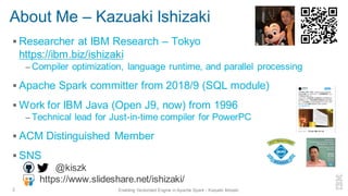 About Me – Kazuaki Ishizaki
▪ Researcher at IBM Research – Tokyo
https://ibm.biz/ishizaki
– Compiler optimization, language runtime, and parallel processing
▪ Apache Spark committer from 2018/9 (SQL module)
▪ Work for IBM Java (Open J9, now) from 1996
– Technical lead for Just-in-time compiler for PowerPC
▪ ACM Distinguished Member
▪ SNS
– @kiszk
– https://www.slideshare.net/ishizaki/
2 Enabling Vectorized Engine in Apache Spark - Kazuaki Ishizaki
 