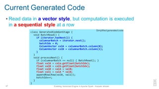 Current Generated Code
▪ Read data in a vector style, but computation is executed
in a sequential style at a row
47 Enabling Vectorized Engine in Apache Spark - Kazuaki Ishizaki
class GeneratedCodeGenStage {
void BatchRead() {
if (iterator.hasNext()) {
columnarBatch = iterator.next();
batchIdx = 0;
ColumnVector colA = columnarBatch.column(0);
ColumnVector colB = columnarBatch.column(1);
}
}
void processNext() {
if (columnarBatch == null) { BatchRead(); }
float valA = cola.getFloat(batchIdx);
float valB = colb.getFloat(batchIdx);
float val0 = valA + valB;
float val1 = valA * valB;
appendRow(Row(val0, val1));
batchIdx++;
}
}
Simplified generated code
 