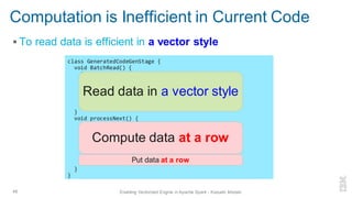 Computation is Inefficient in Current Code
▪ To read data is efficient in a vector style
48 Enabling Vectorized Engine in Apache Spark - Kazuaki Ishizaki
class GeneratedCodeGenStage {
void BatchRead() {
if (iterator.hasNext()) {
columnarBatch = iterator.next();
batchIdx = 0;
ColumnVector colA = columnarBatch.column(0);
ColumnVector colB = columnarBatch.column(1);
}
}
void processNext() {
if (columnarBatch == null) { BatchRead(); }
float valA = cola.getFloat(batchIdx);
float valB = cola.getFloat(batchIdx);
float val0 = valA * valB;
float val1 = valA + valB;
appendRow(Row(val0, val1));
batchIdx++;
}
}
Read data in a vector style
Compute data at a row
Put data at a row
 