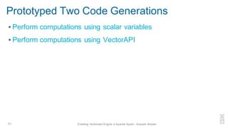 Prototyped Two Code Generations
▪ Perform computations using scalar variables
▪ Perform computations using VectorAPI
51 Enabling Vectorized Engine in Apache Spark - Kazuaki Ishizaki
 