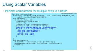 Using Scalar Variables
▪ Perform computation for multiple rows in a batch
52 Enabling Vectorized Engine in Apache Spark - Kazuaki Ishizaki
class GeneratedCodeGenStage {
float col0[] = new float[COLUMN_BATCH_SIZE], col1[] = new float[COLUMN_BATCH_SIZE],
col2[] = new float[COLUMN_BATCH_SIZE];
void BatchRead() {
if (iterator.hasNext()) {
columnarBatch = iterator.next();
batchIdx = 0;
ColumnVector colA = columnarBatch.column(0);
ColumnVector colB = columnarBatch.column(1);
float va[] = colA.getFloats(), vb[] = colB.getFloats();
for (int i = 0; i < columnarBatch.size(); i += 1) {
float valA = cola.getFloat(i);
float valB = colb.getFloat(i);
col0[i] = valA + valB;
col1[i] = valA * valB;
}
}
}
void processNext() {
if (batchIdx == columnarBatch.size()) { BatchRead(); }
appendRow(Row(col0[batchIdx], col1[batchIdx], col2[batchIdx]));
batchIdx++;
}
}
Simplified generated code
 
