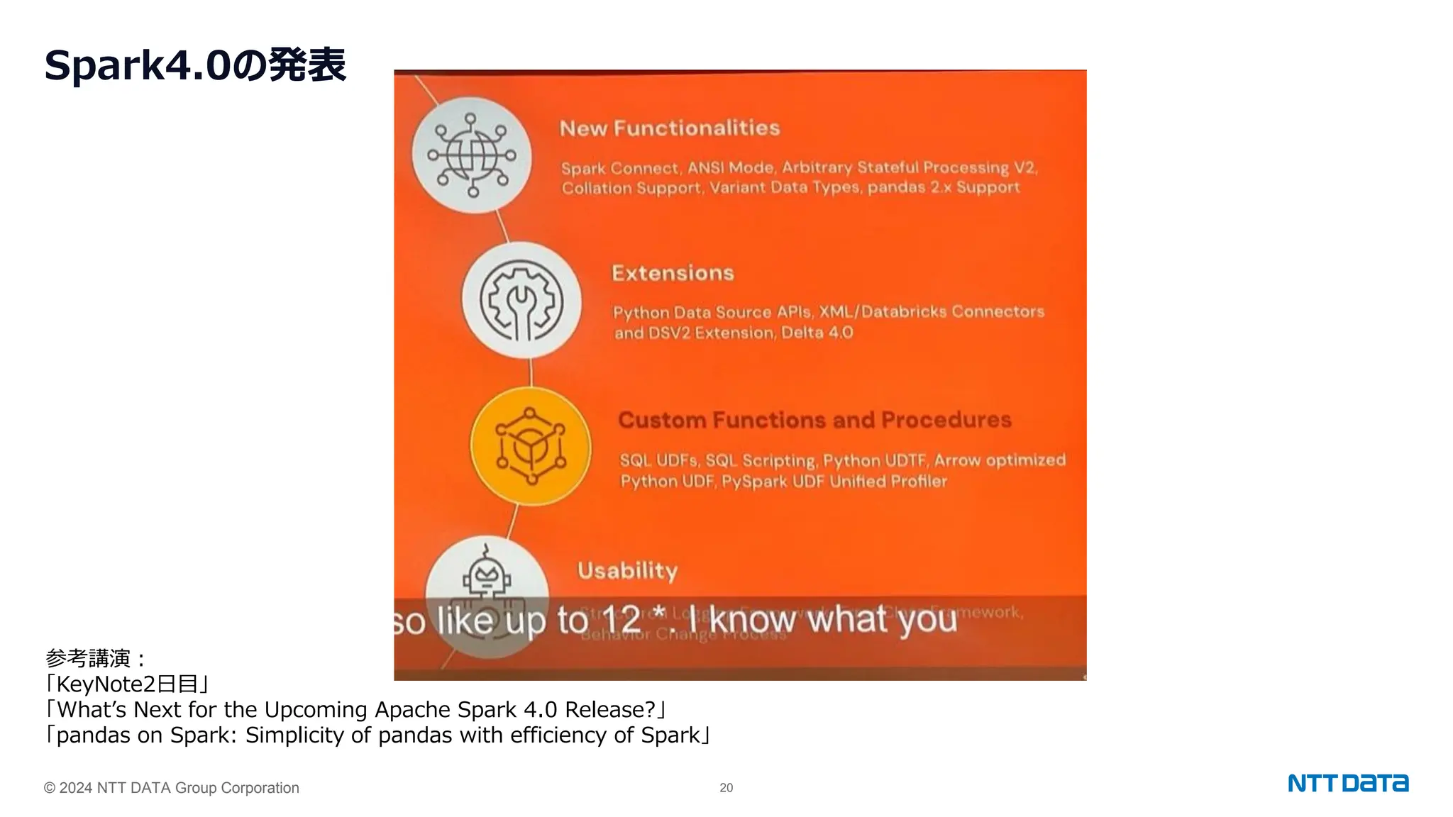 © 2024 NTT DATA Group Corporation 20
Spark4.0の発表
参考講演：
「KeyNote2日目」
「What’s Next for the Upcoming Apache Spark 4.0 Release?」
「pandas on Spark: Simplicity of pandas with efficiency of Spark」
 