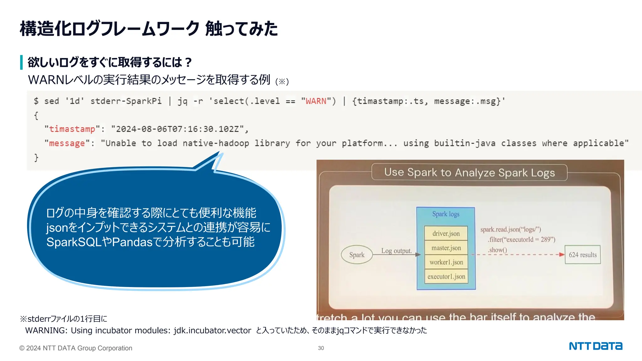 © 2024 NTT DATA Group Corporation 30
構造化ログフレームワーク 触ってみた
欲しいログをすぐに取得するには？
WARNレベルの実行結果のメッセージを取得する例 (※)
※stderrファイルの1行目に
WARNING: Using incubator modules: jdk.incubator.vector と入っていたため、そのままjqコマンドで実行できなかった
ログの中身を確認する際にとても便利な機能
jsonをインプットできるシステムとの連携が容易に
SparkSQLやPandasで分析することも可能
 