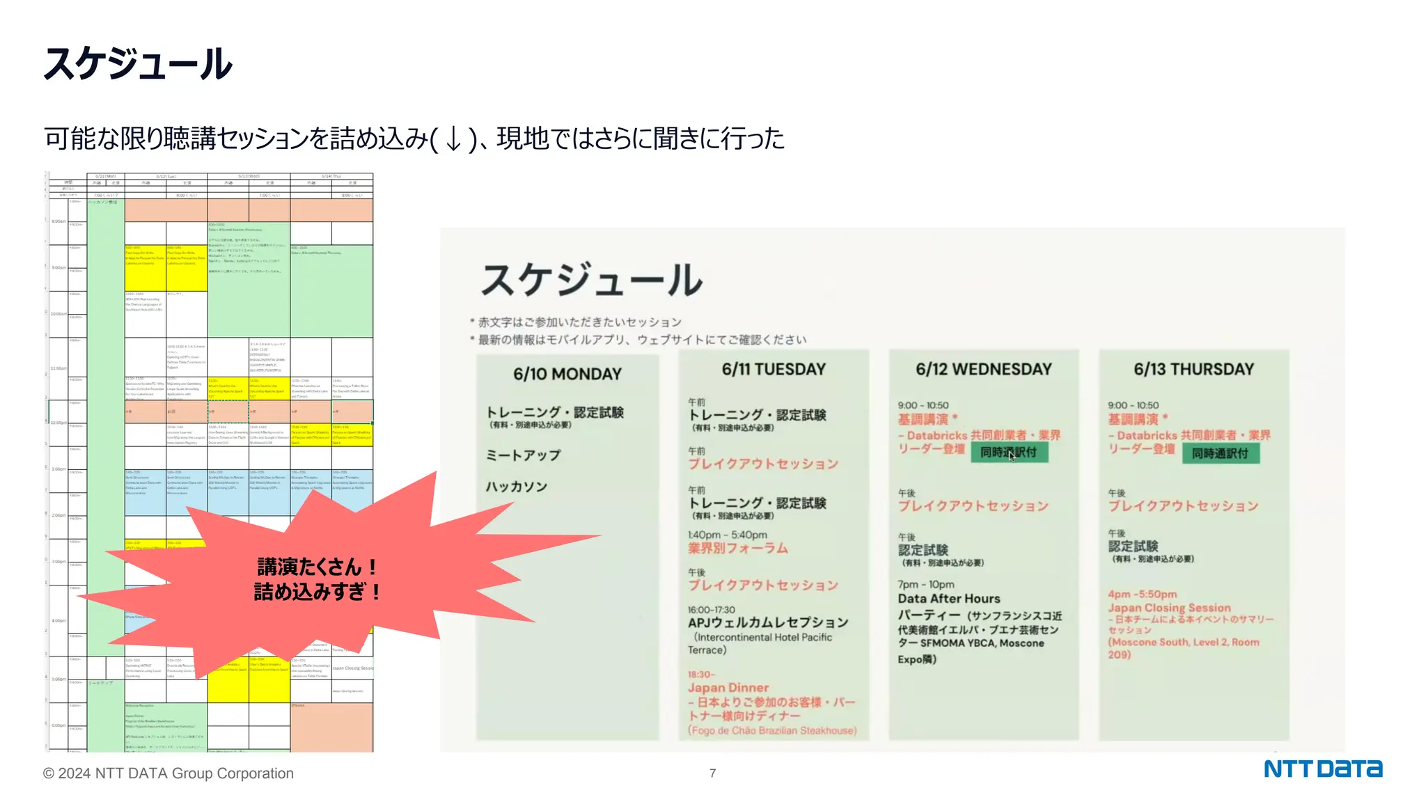 © 2024 NTT DATA Group Corporation 7
スケジュール
可能な限り聴講セッションを詰め込み(↓)、現地ではさらに聞きに行った
講演たくさん！
詰め込みすぎ！
 