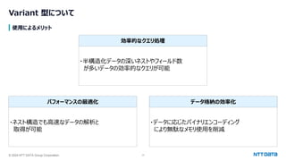 © 2024 NTT DATA Group Corporation 17
Variant 型について
使用によるメリット
・ネスト構造でも高速なデータの解析と
取得が可能
・半構造化データの深いネストやフィールド数
が多いデータの効率的なクエリが可能
・データに応じたバイナリエンコーディング
により無駄なメモリ使用を削減
パフォーマンスの最適化 データ格納の効率化
効率的なクエリ処理
 