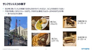 © 2024 NTT DATA Group Corporation 36
サンフランシスコの様子
• 街は噂に聞いていたより綺麗で治安も(気を付けていれば)よく、なにより気候がとても良い
• 円安が加速しており(1ドル＝160円)、外食すると最低でも$25~(約4000円)の印象
• 食べものはどれも美味
朝ごはん
(オムレツ)
内藤が食べた
チーズケーキ
北波が食べた
チーズケーキ
夜ごはん
(ステーキ)
 